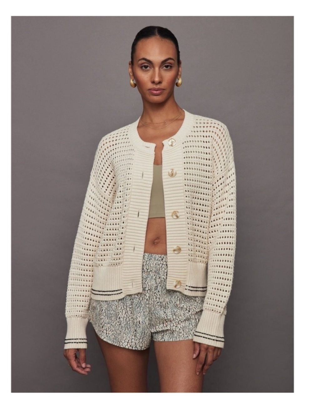 Magaschoni Cozy Cream Open-Knit Button Cardigan Sweater 100% Cotton